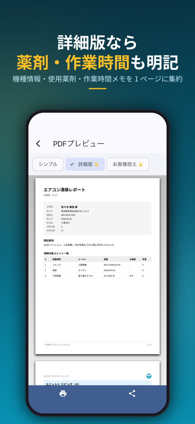 詳細版なら機種情報・使用薬剤・作業時間も1ページに明記