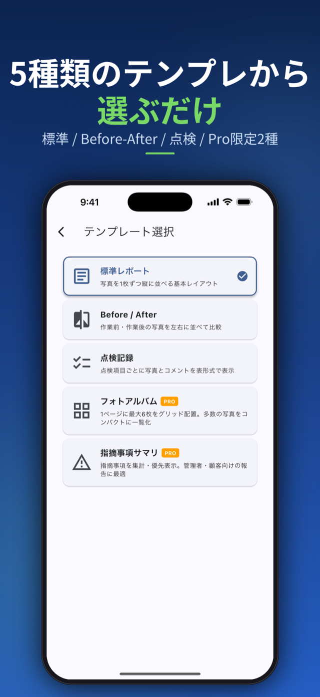 5種類のテンプレートから選ぶだけ
